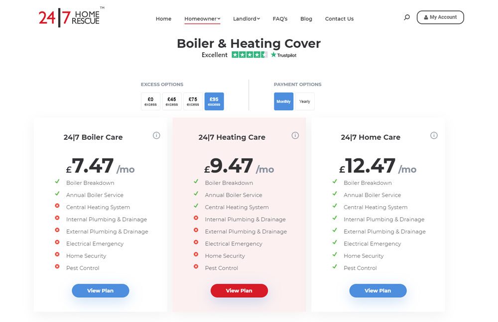 24/7 Home Rescue Boiler Heating Cover Pricing plans